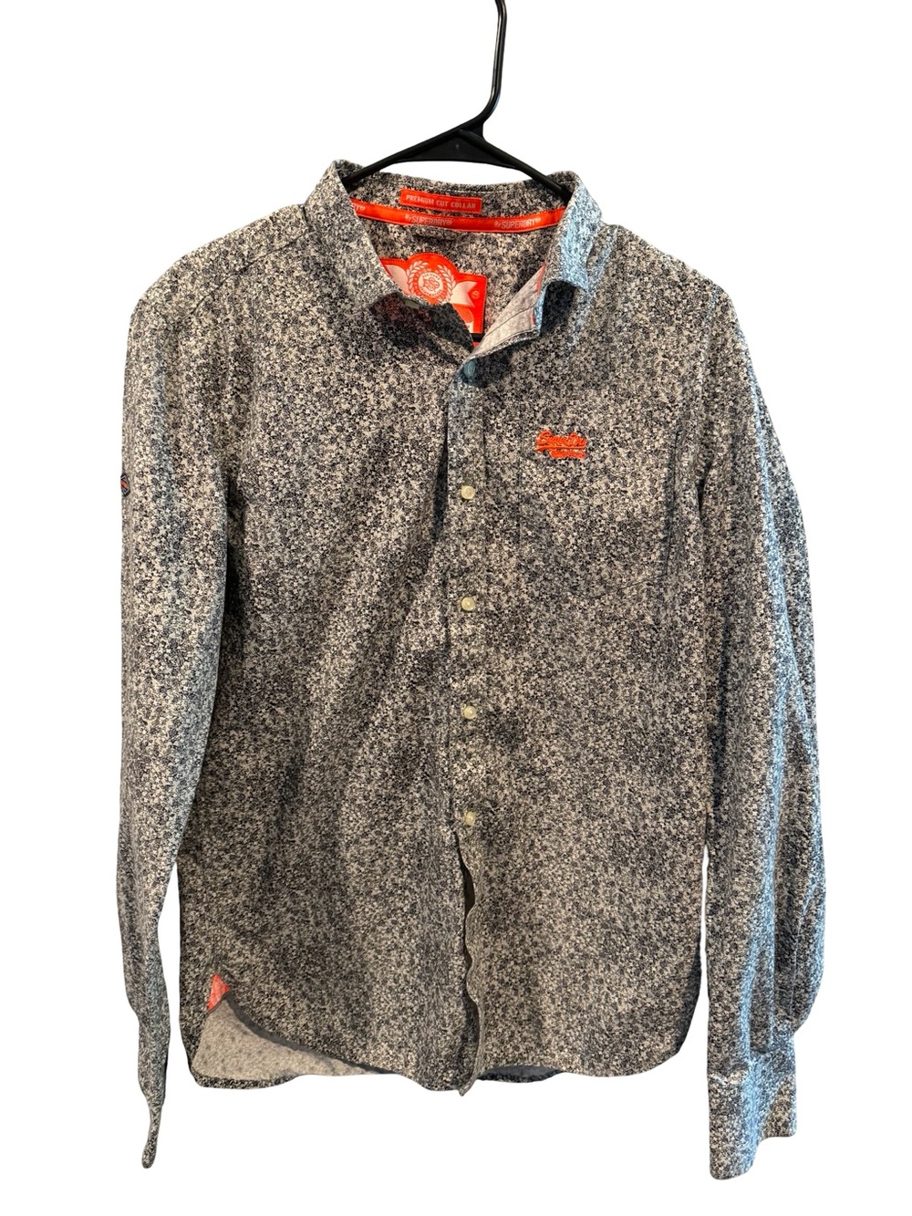 Superdry Men's Gray Micro Floral Button-Down Shirt with Orange Logo